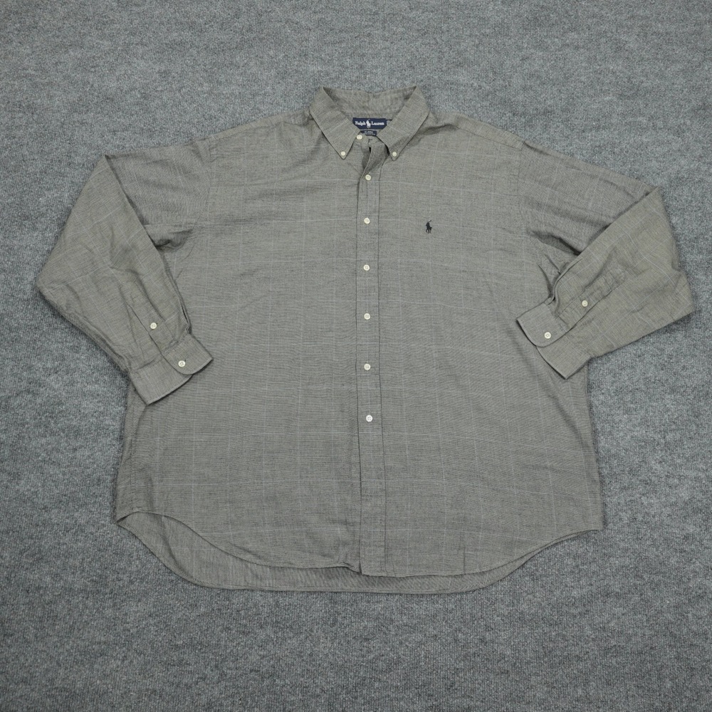 Ralph Lauren Shirt Mens XXL Grey Blaire 100% Cotton Micro Check Button Down Long